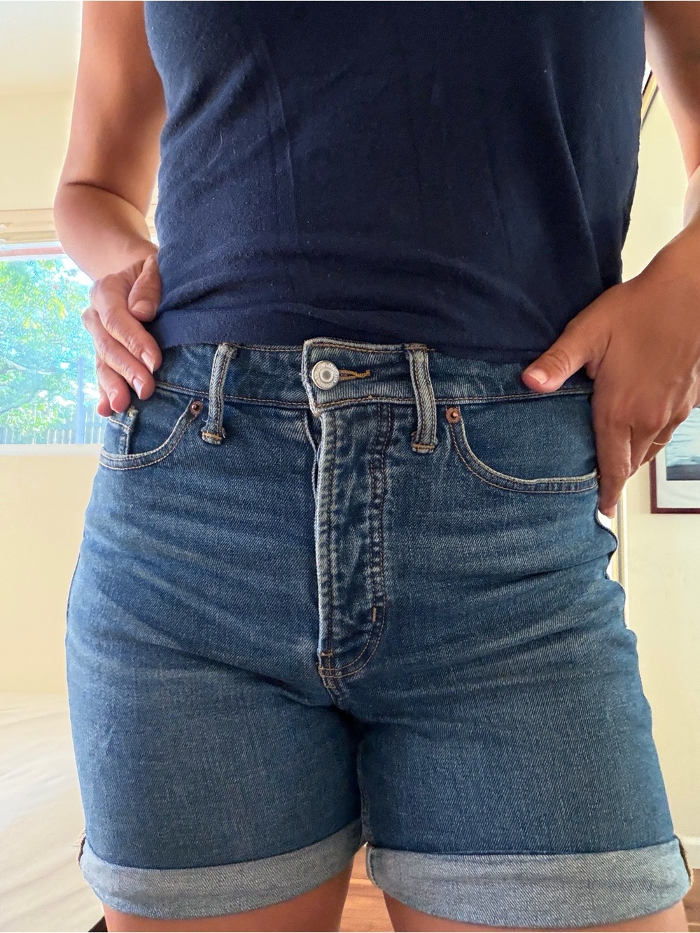 Old Navy High Rise Button Up OG Straight Dark Distressed Denim Jean Shorts